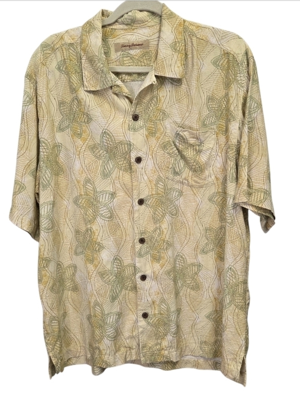 Tommy Bahama Shirt Mens Large Yellow Green Hawaiian Camp Silk Floral Loop Collar